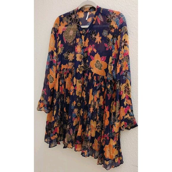 Free People Purple Floral Pleated Sheer Button Up Blouse Tunic Top Dress sz XS - Picture 3 of 12